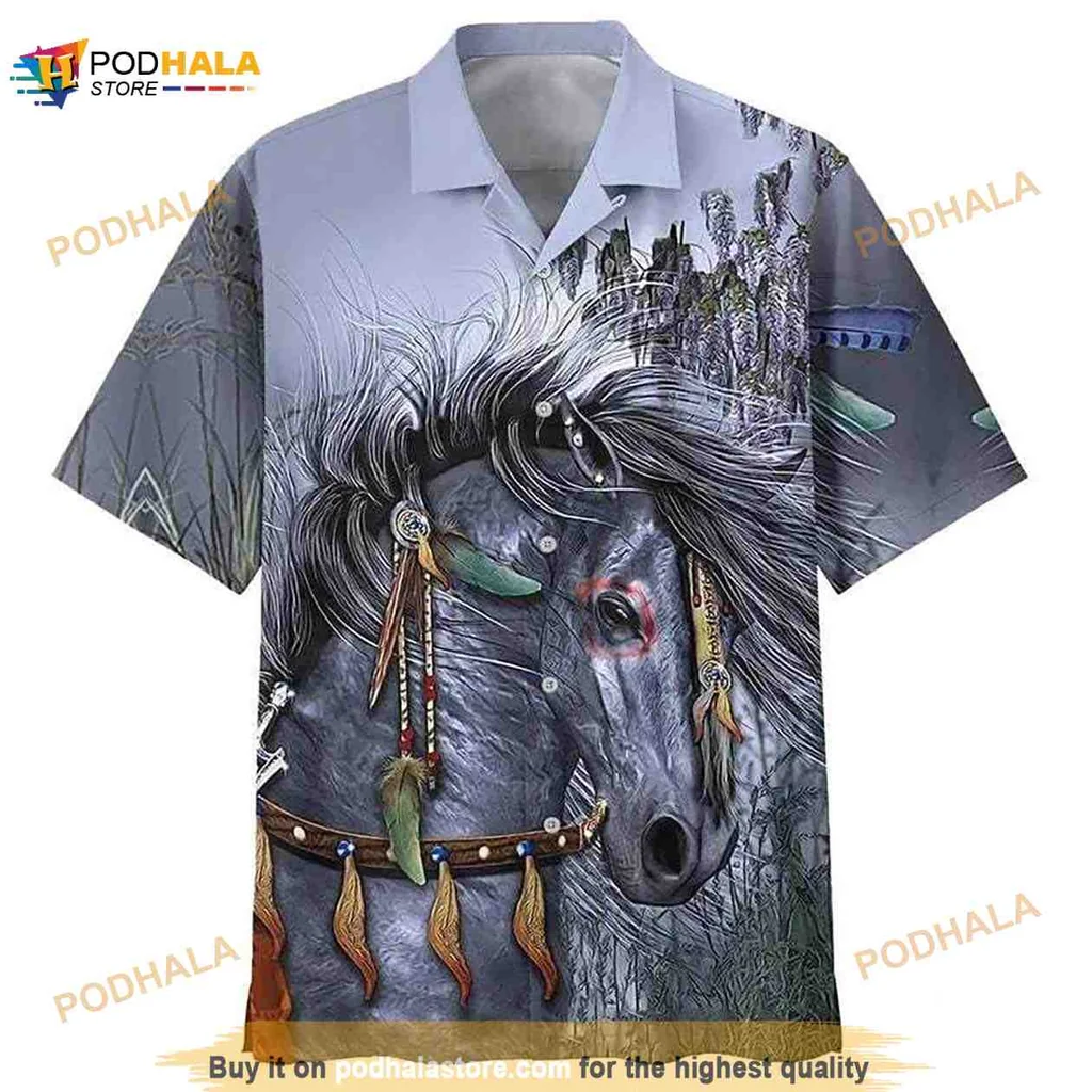 Native American Horse Lovers Hawaiian Shirt Featuring Grey Horse Design