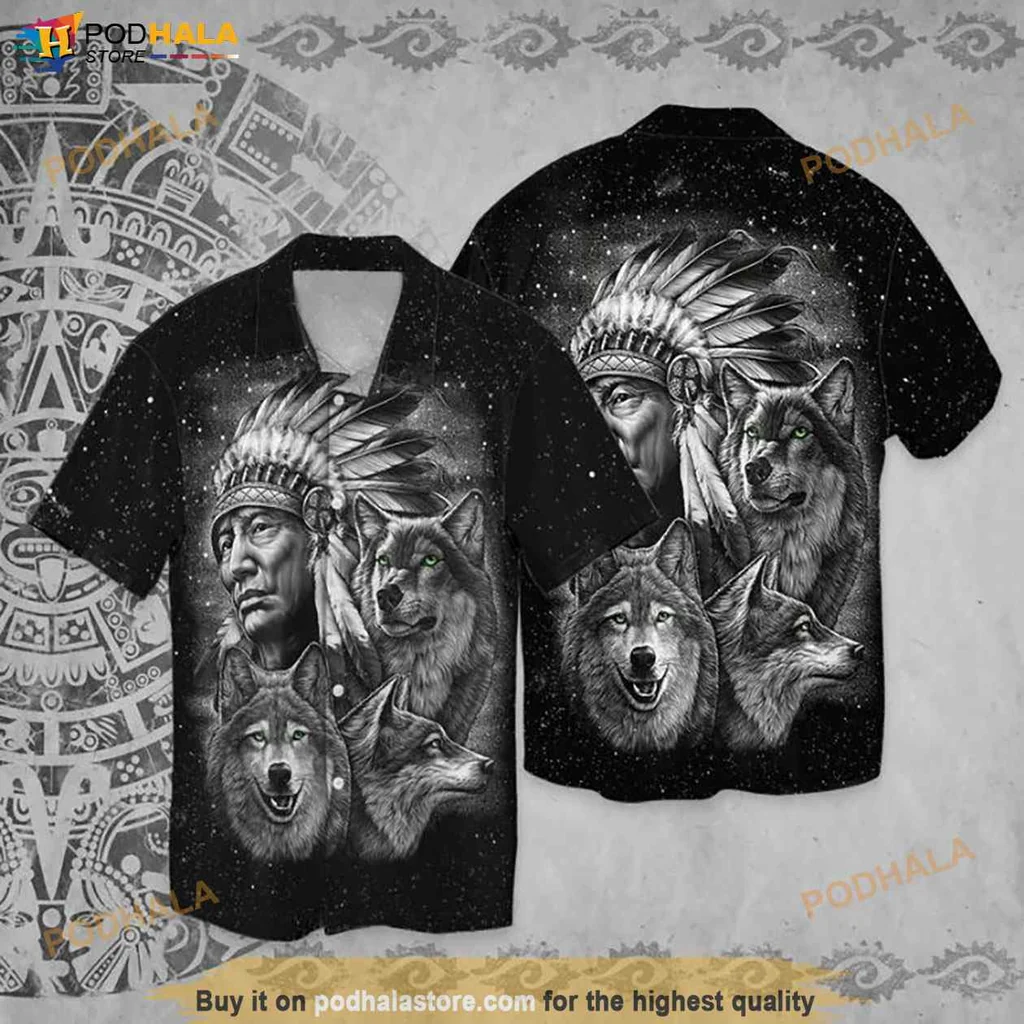 Native American Pride Hawaiian Shirt Featuring Chief And Wolves Design