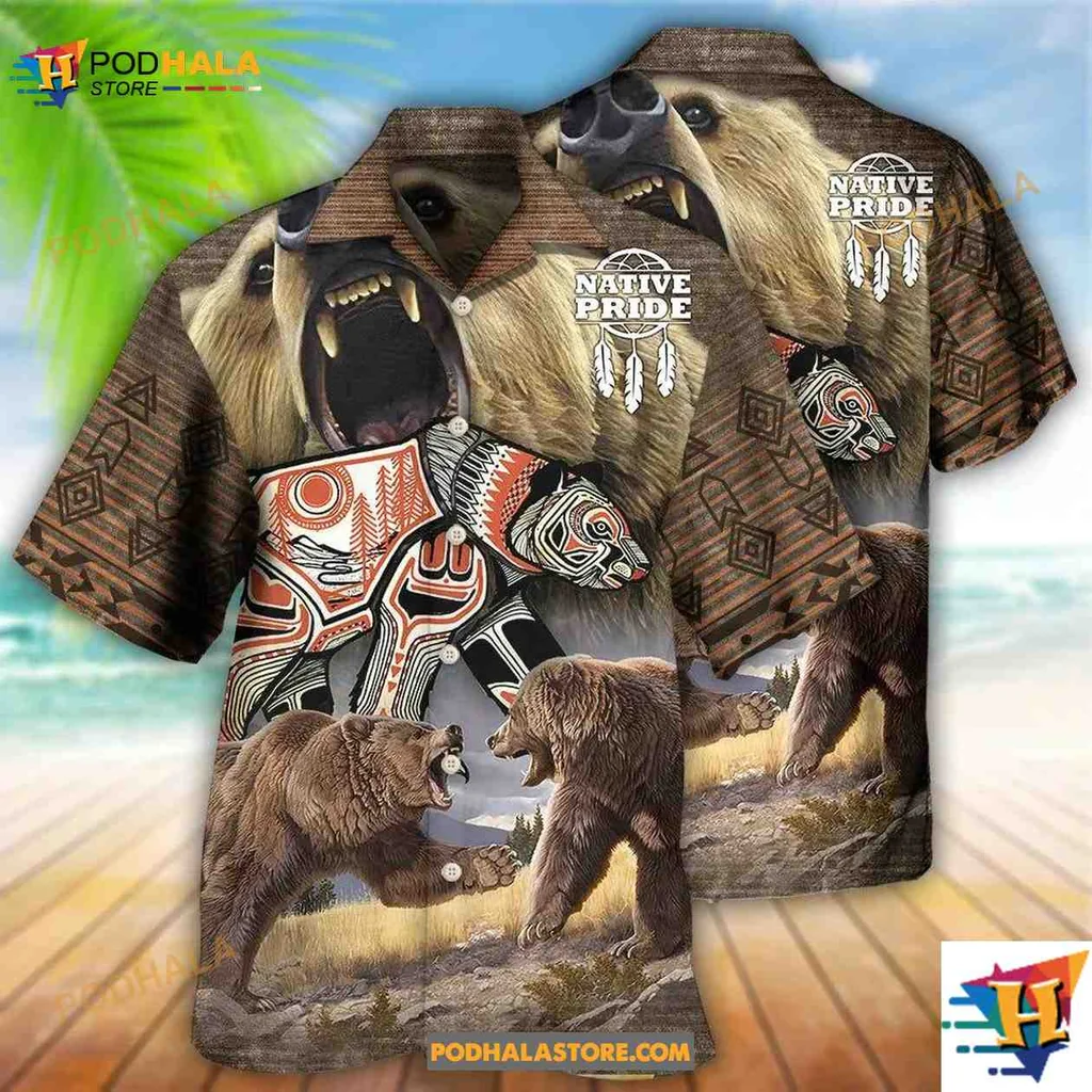 Native Pride Bear Hawaiian Shirt Featuring Dynamic Bear Confrontation