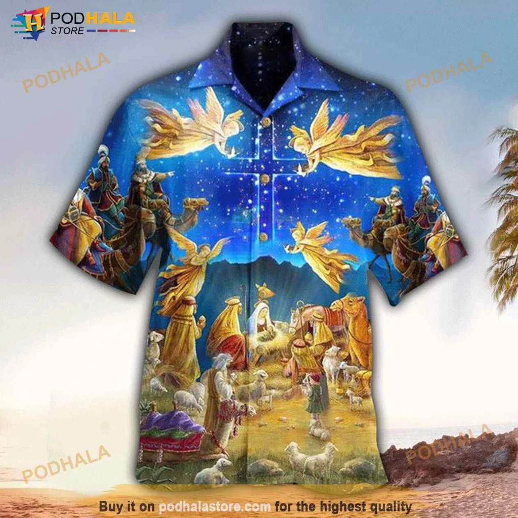 Nativity Scene Christian Hawaiian Shirt With Cross And Angels
