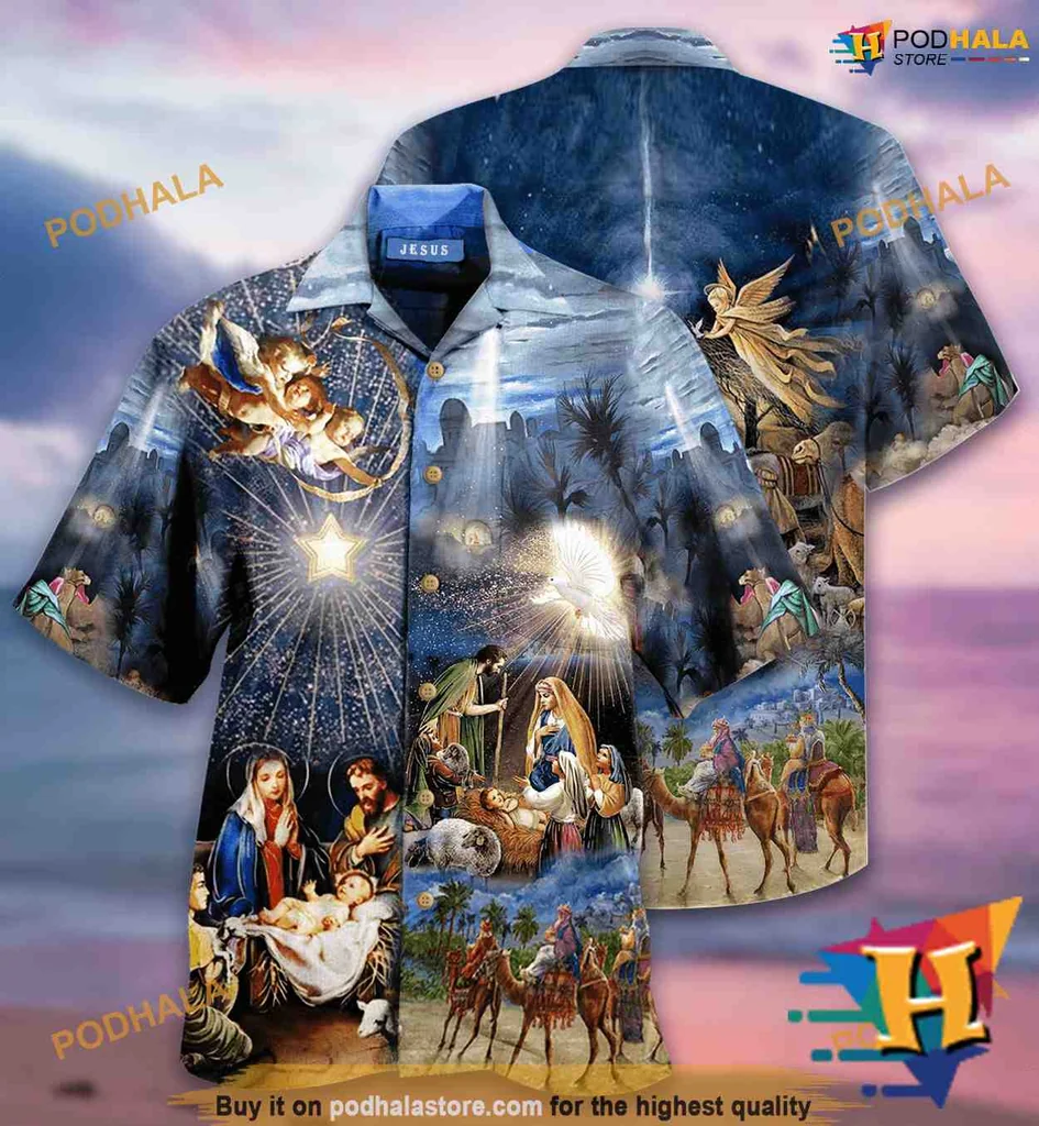 Nativity Scene Hawaiian Shirt Featuring Birth Of Jesus And Angels