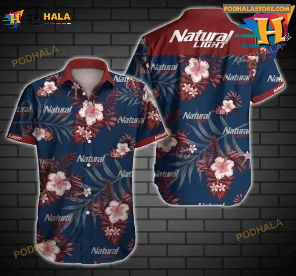 Natural Light Beer Aloha Shirt With Tropical Floral Design
