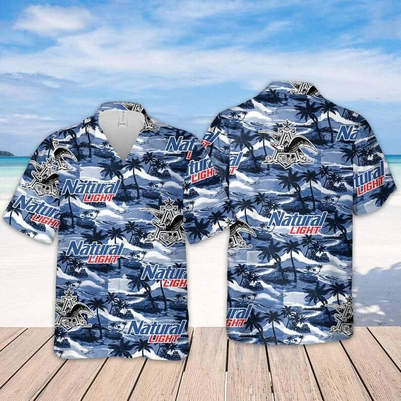 Natural Light Hawaiian Shirt With Tropical Waves And Palm Trees