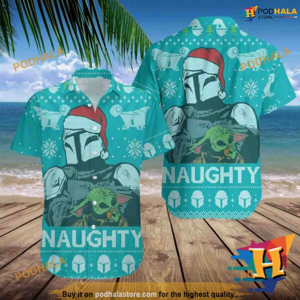 Naughty Mandalorian Festive Hawaiian Shirt With Santa Hat And Snowflakes