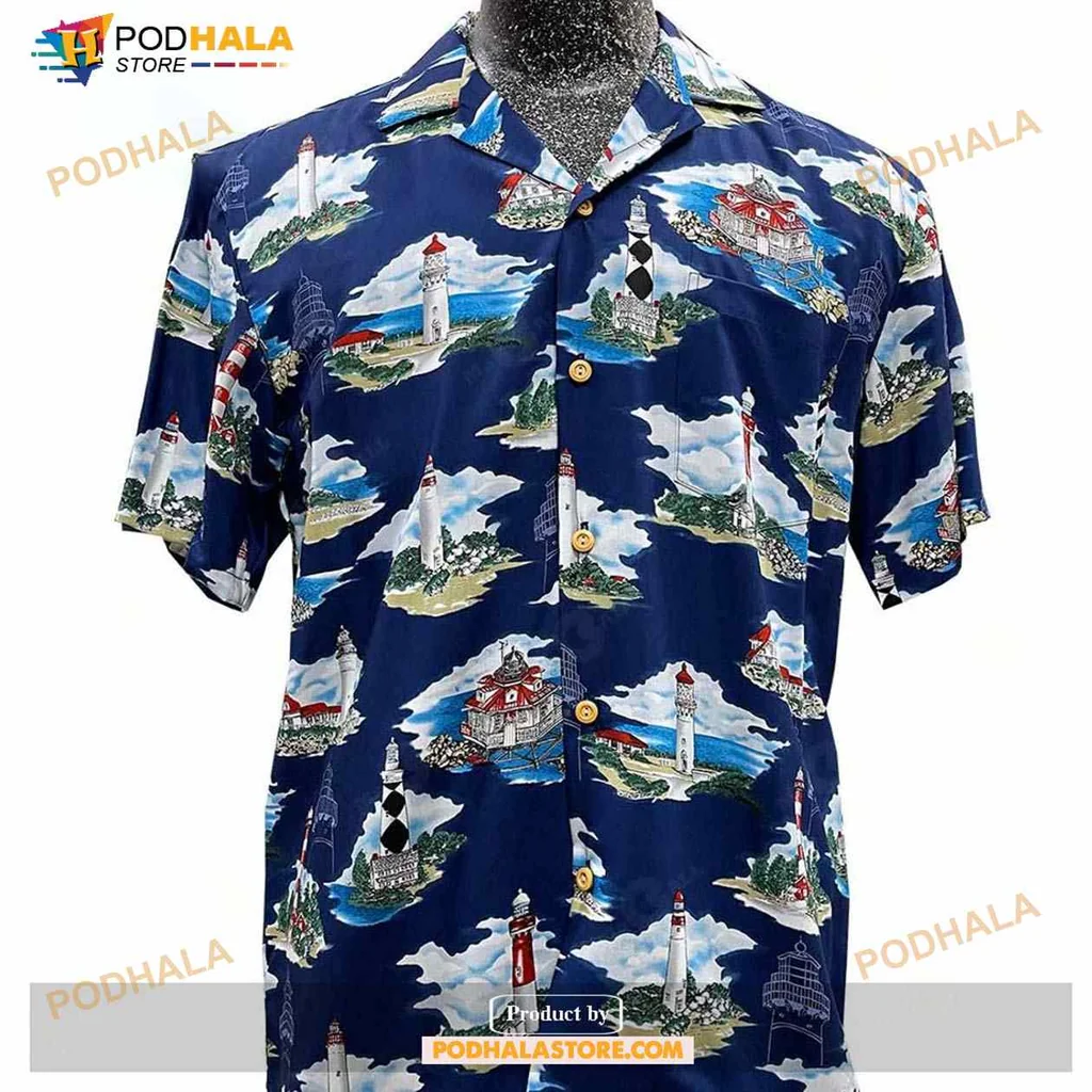 Nautical Lighthouse Hawaiian Shirt With Vibrant Navy Background
