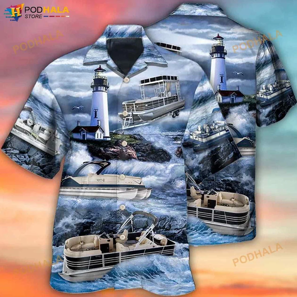 Nautical Lighthouse Pontoon Hawaiian Shirt With Scenic Maritime Design