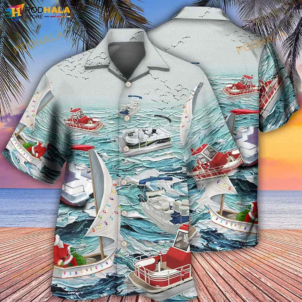 Nautical Sailing Hawaiian Shirt With Colorful Boats And Waves Design Nautical Sailing Hawaiian Shirt With Colorful Boats And Waves Design