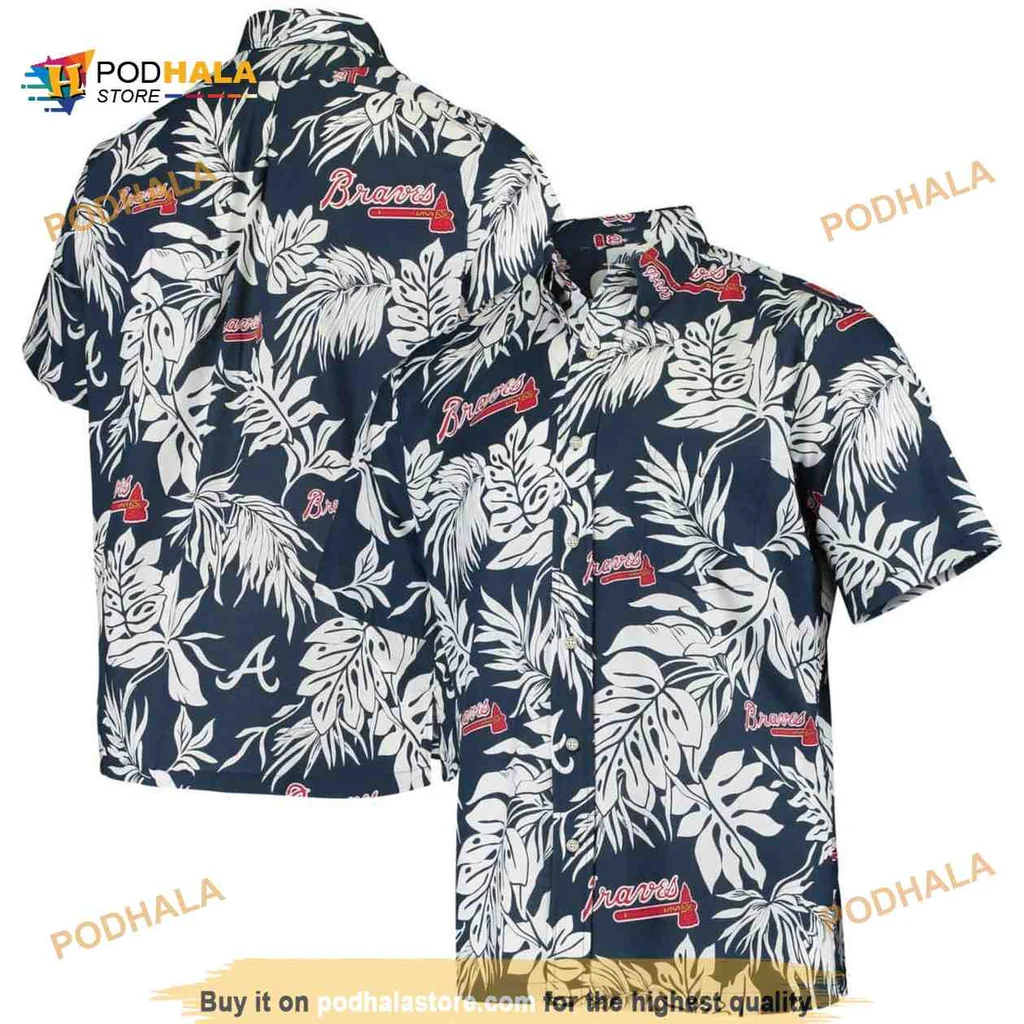 Navy Atlanta Braves Hawaiian Shirt With Tropical Leaf Pattern