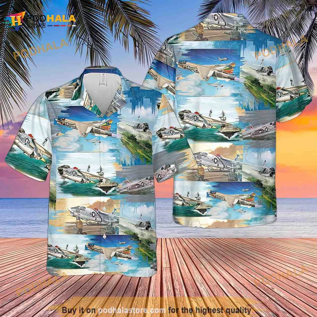 Navy Aviation Hawaiian Shirt Featuring Vought F 8 Crusader Design