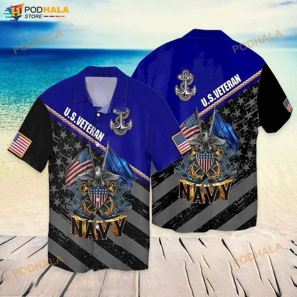 Navy Eagle American Flag Hawaiian Shirt For Independence Day Celebrations