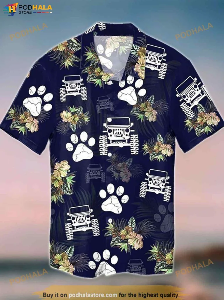 Navy Jeep Lover Hawaiian Shirt, Tropical Design With Paw Prints And Foliage