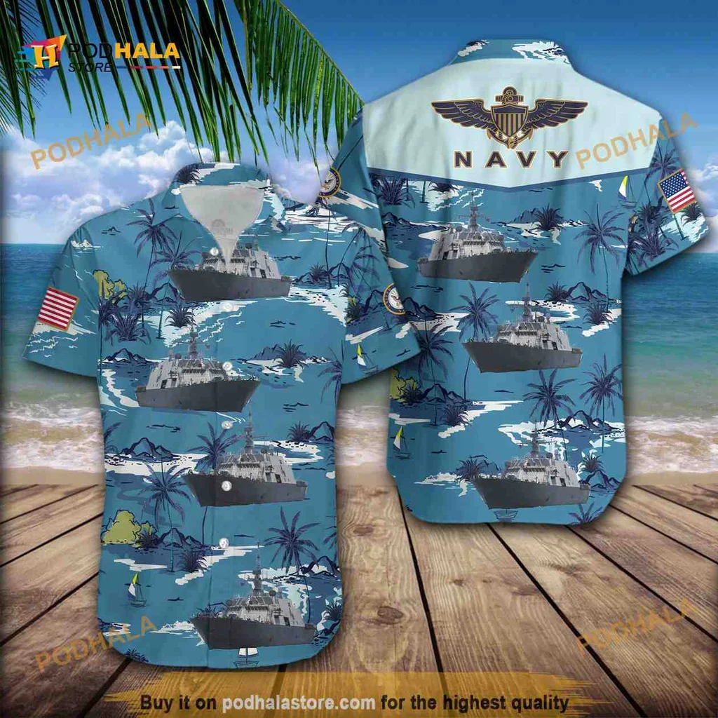 Navy Military Tropical Hawaiian Shirt With American Flag And Emblem