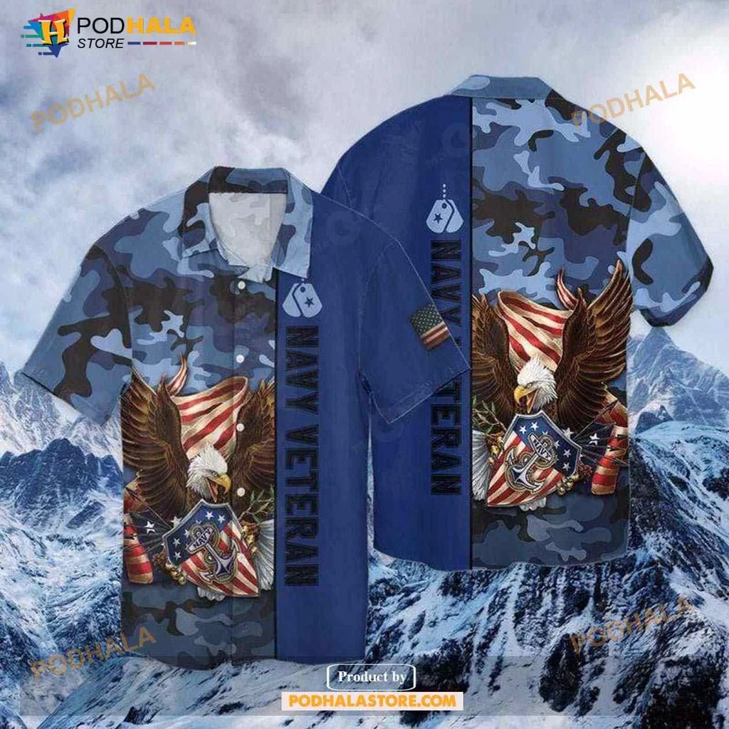 Navy Veteran Eagle Aloha Shirt With Patriotic American Flag Design