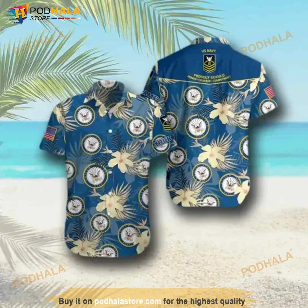 Navy Veteran Hawaiian Shirt With Tropical Floral Design