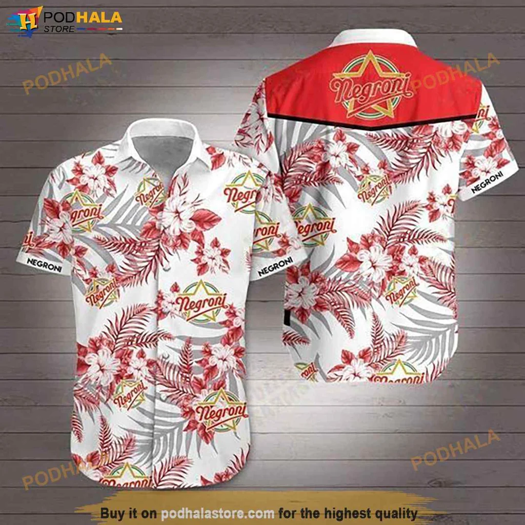 Negroni Cocktail Aloha Shirt With Colorful Hibiscus And Palm Leaves