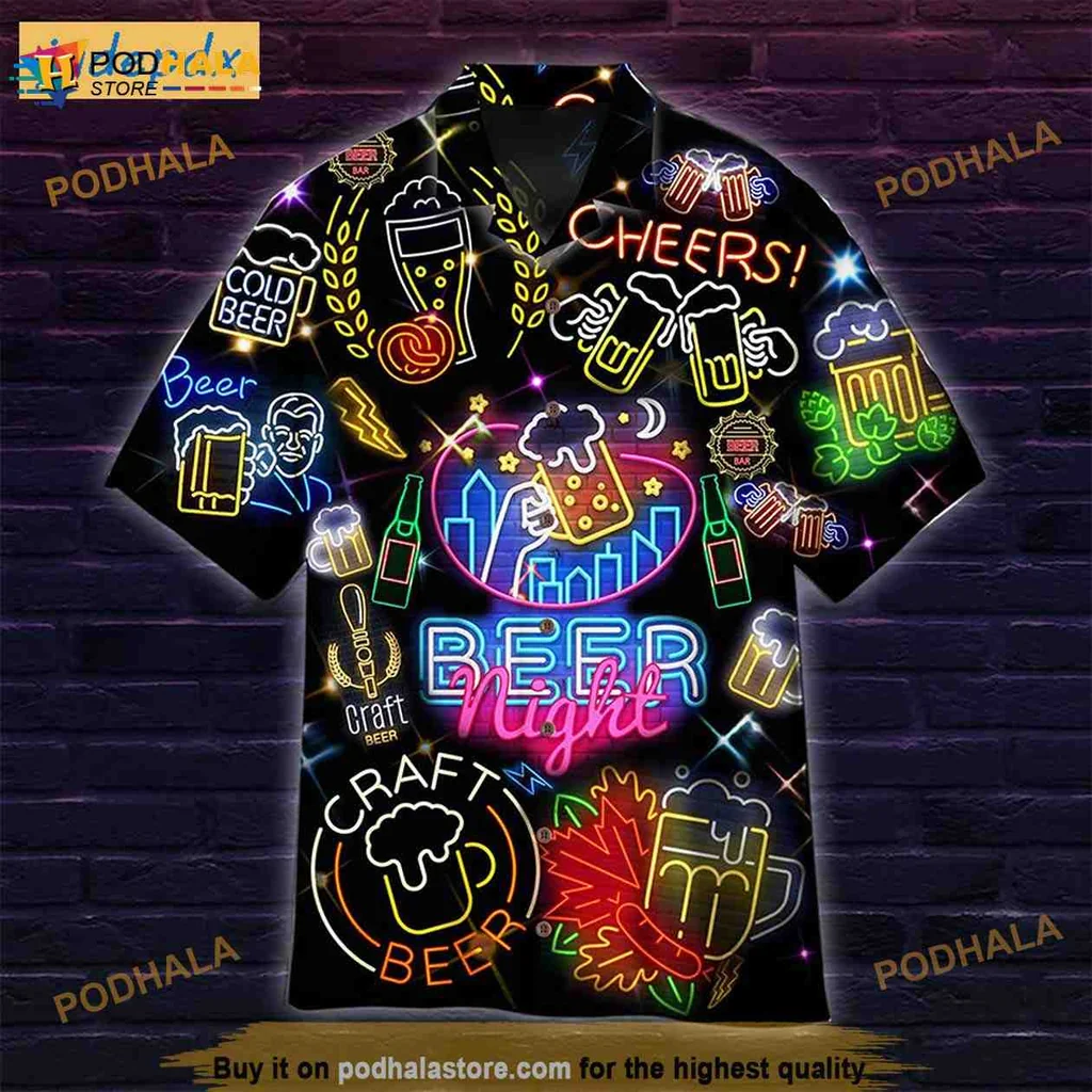 Neon Beer Night Aloha Shirt, Cheers Craft Beer Hawaiian Shirt