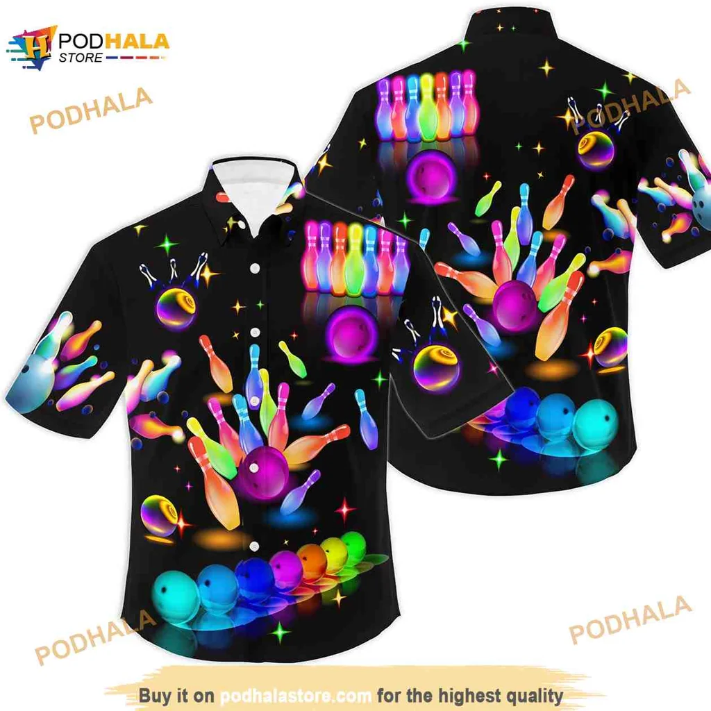 Neon Bowling Theme Hawaiian Shirt Featuring Colorful Bowling Pins And Balls