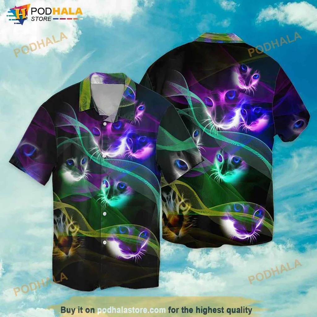Neon Cat Aloha Shirt Featuring Vibrant Stylized Cat Faces