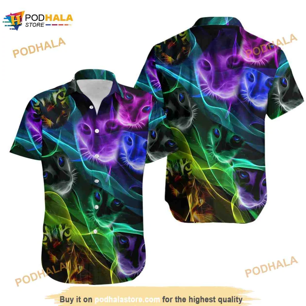 Neon Cat Faces Hawaiian Shirt With Vibrant Colors And Playful Design
