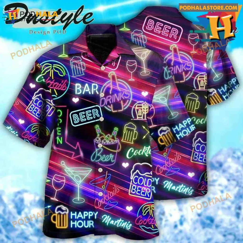 Neon Cocktail Beer Hawaiian Shirt With Happy Hour Graphics
