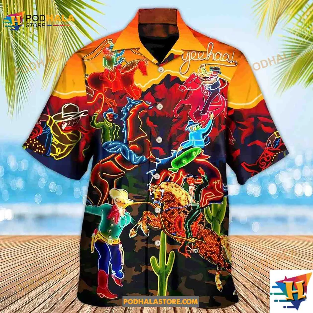 Neon Cowboy Horse Hawaiian Shirt, Vibrant Desert Scene For Horse Lovers