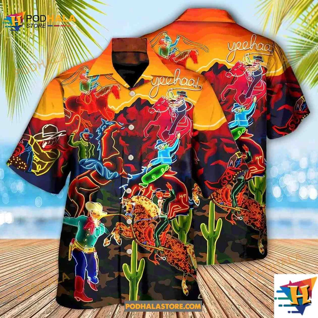 Neon Cowboy Horse Aloha Shirt, Vibrant Desert Scene For Horse Lovers Neon Cowboy Horse Aloha Shirt, Vibrant Desert Scene For Horse Lovers