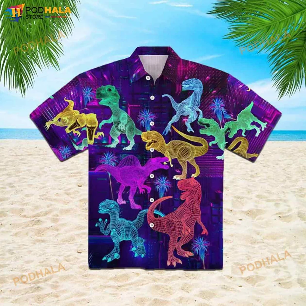 Neon Dinosaur Hawaiian Shirt With Colorful Cartoon Silhouettes