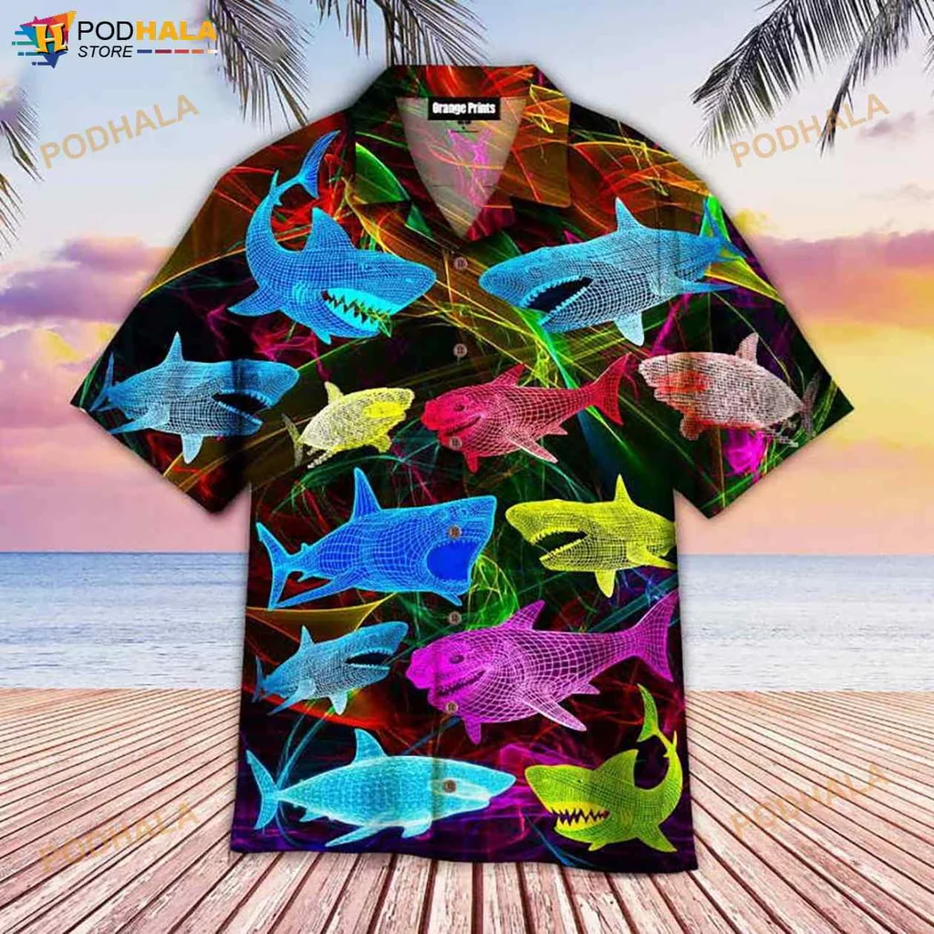 Neon Glowing Shark Hawaiian Shirt With Colorful Marine Life Design