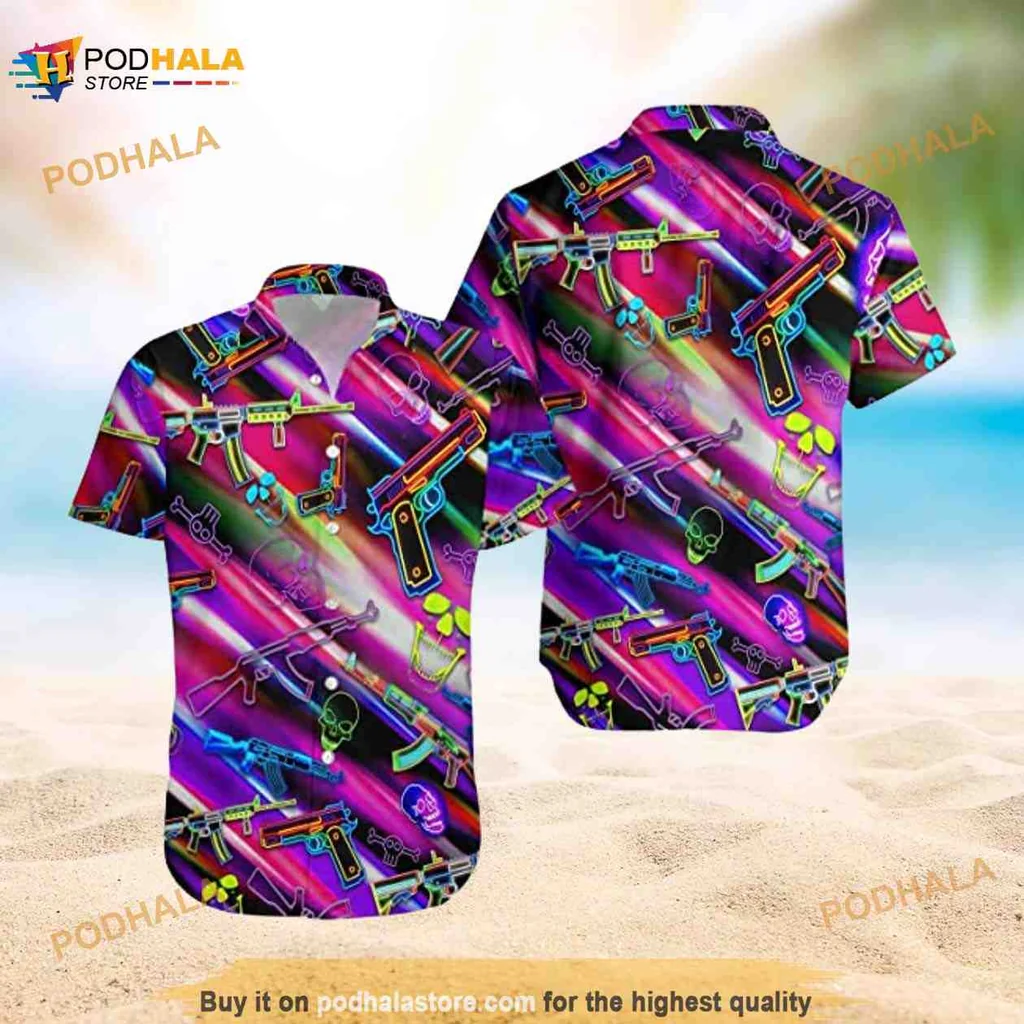 Neon Guns Skull Hawaiian Shirt With Colorful Tropical Design