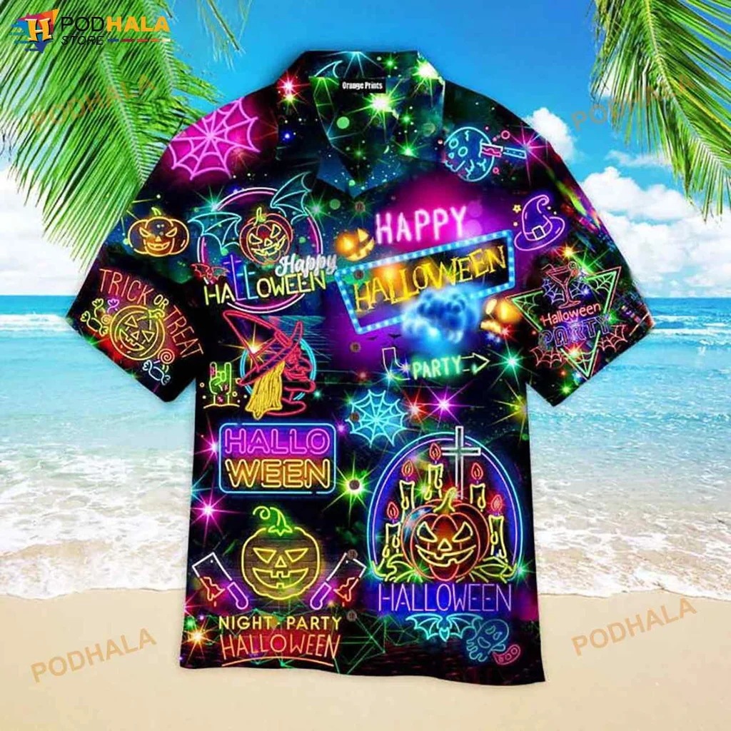 Neon Halloween Party Hawaiian Shirt With Happy Halloween Design