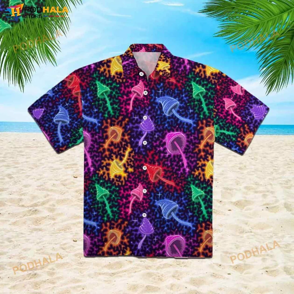 Neon Mushroom Hawaiian Shirt With Colorful 3d Design For Fun Summer Vibes