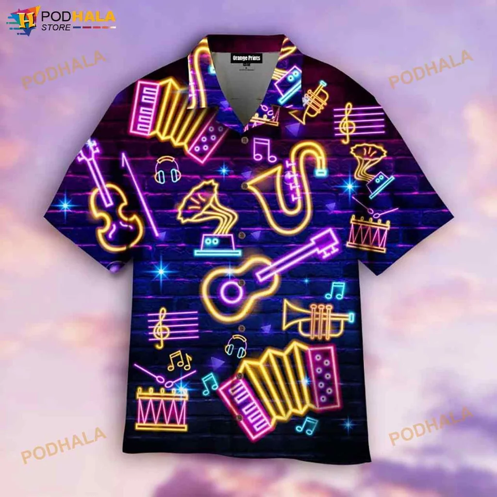 Neon Musical Instrument Hawaiian Shirt With Vibrant Design For Music Lovers