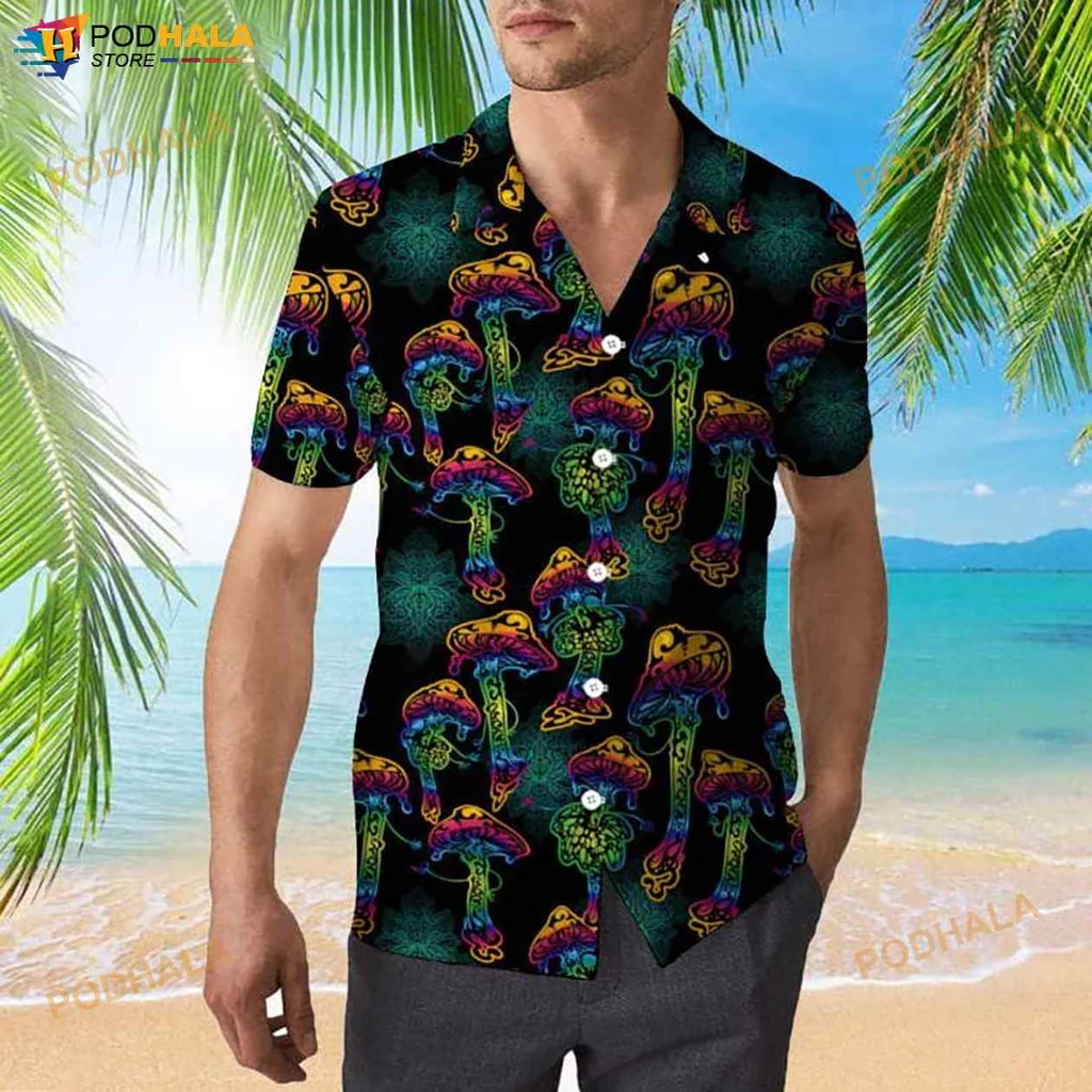 Neon Psychedelic Mushroom Hawaiian Shirt, Colorful Fun Design For Festivals