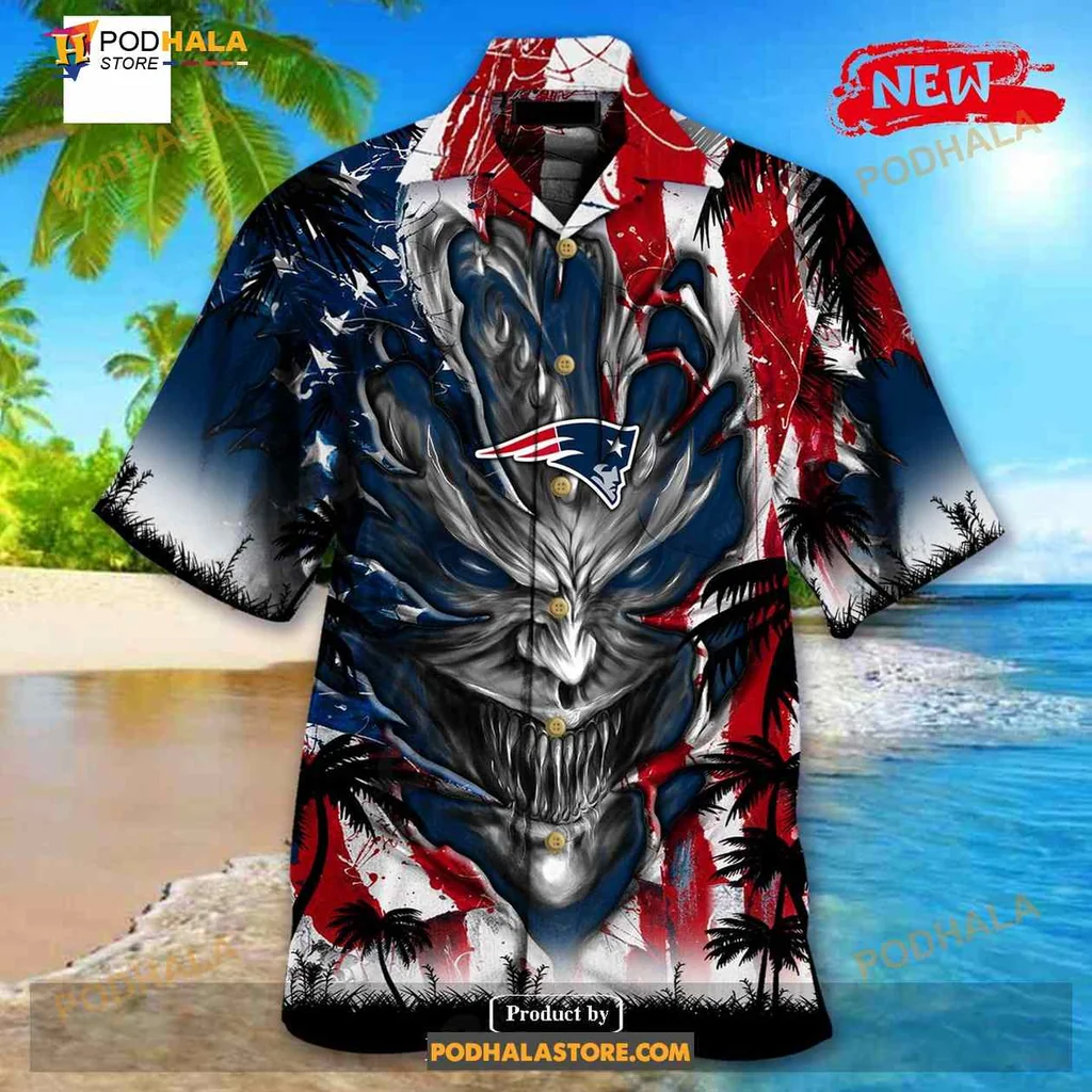 New England Patriots Demon Face Hawaiian Shirt With Us Flag Design