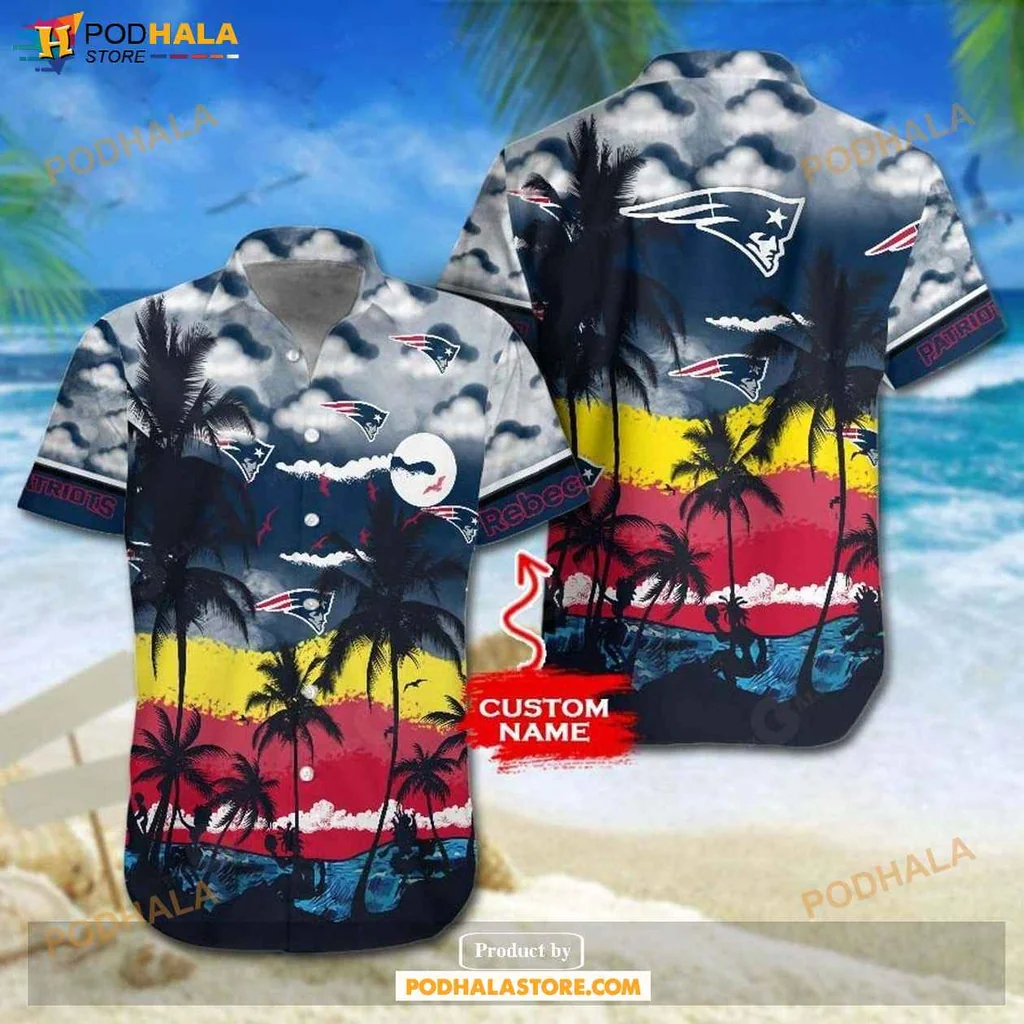 New England Patriots Hawaiian Shirt, Vibrant Tropical Design With Logo And Sunset