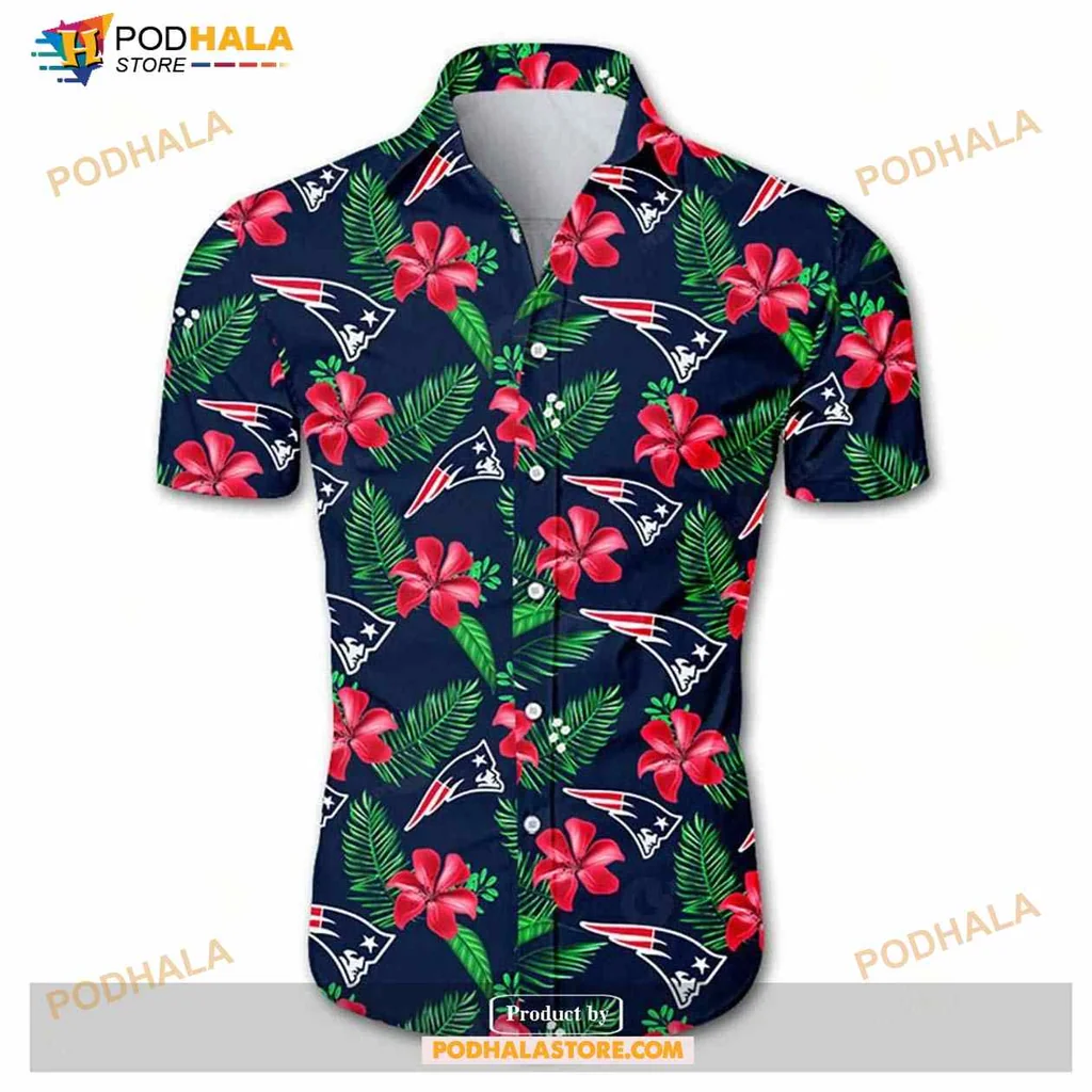 New England Patriots Hawaiian Shirt With Bright Red Hibiscus Flowers