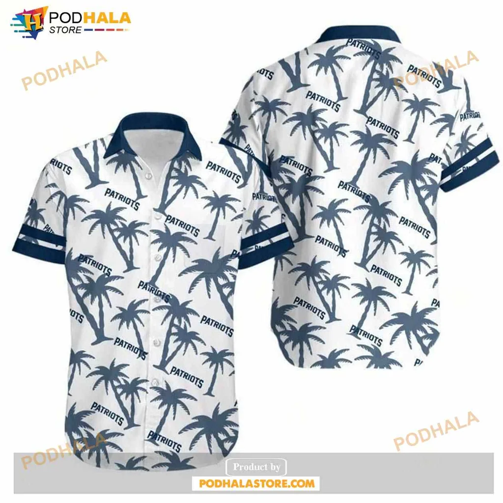 New England Patriots Hawaiian Shirt With Palm Trees And Navy Blue Trim