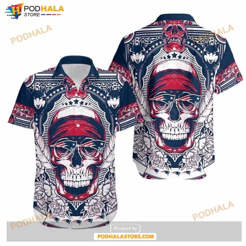 New England Patriots Skull Hawaiian Shirt With Floral Design