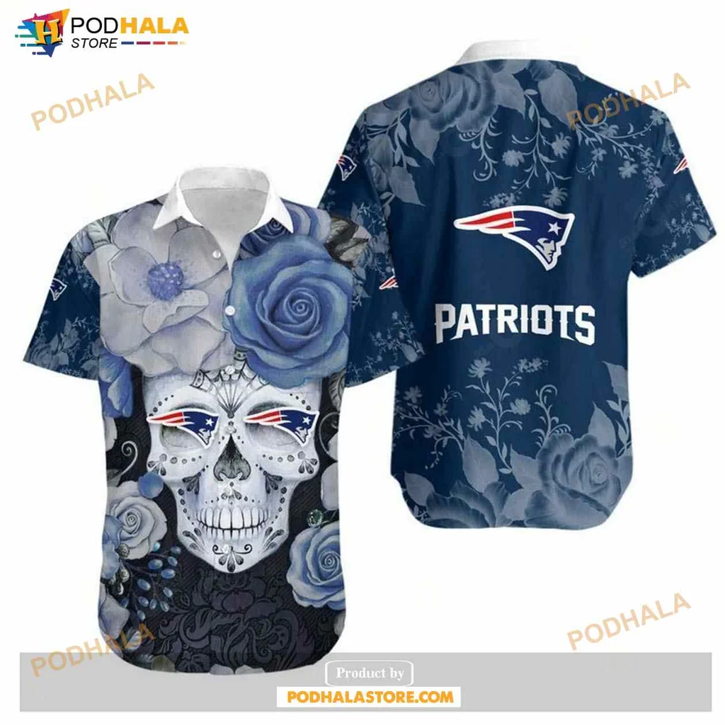 New England Patriots Skull Hawaiian Shirt With Floral Design
