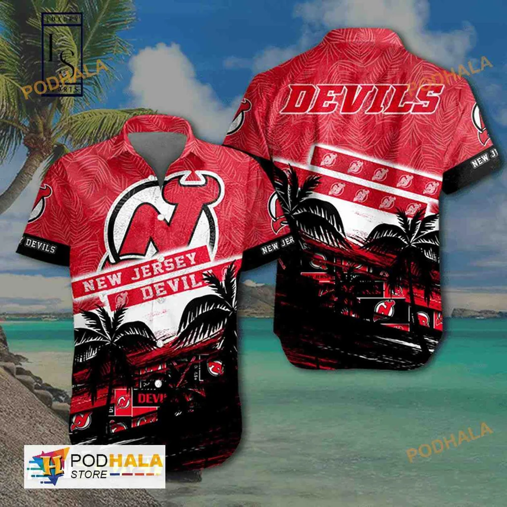 New Jersey Devils Hawaiian Shirt With Bold Team Logo And Tropical Design