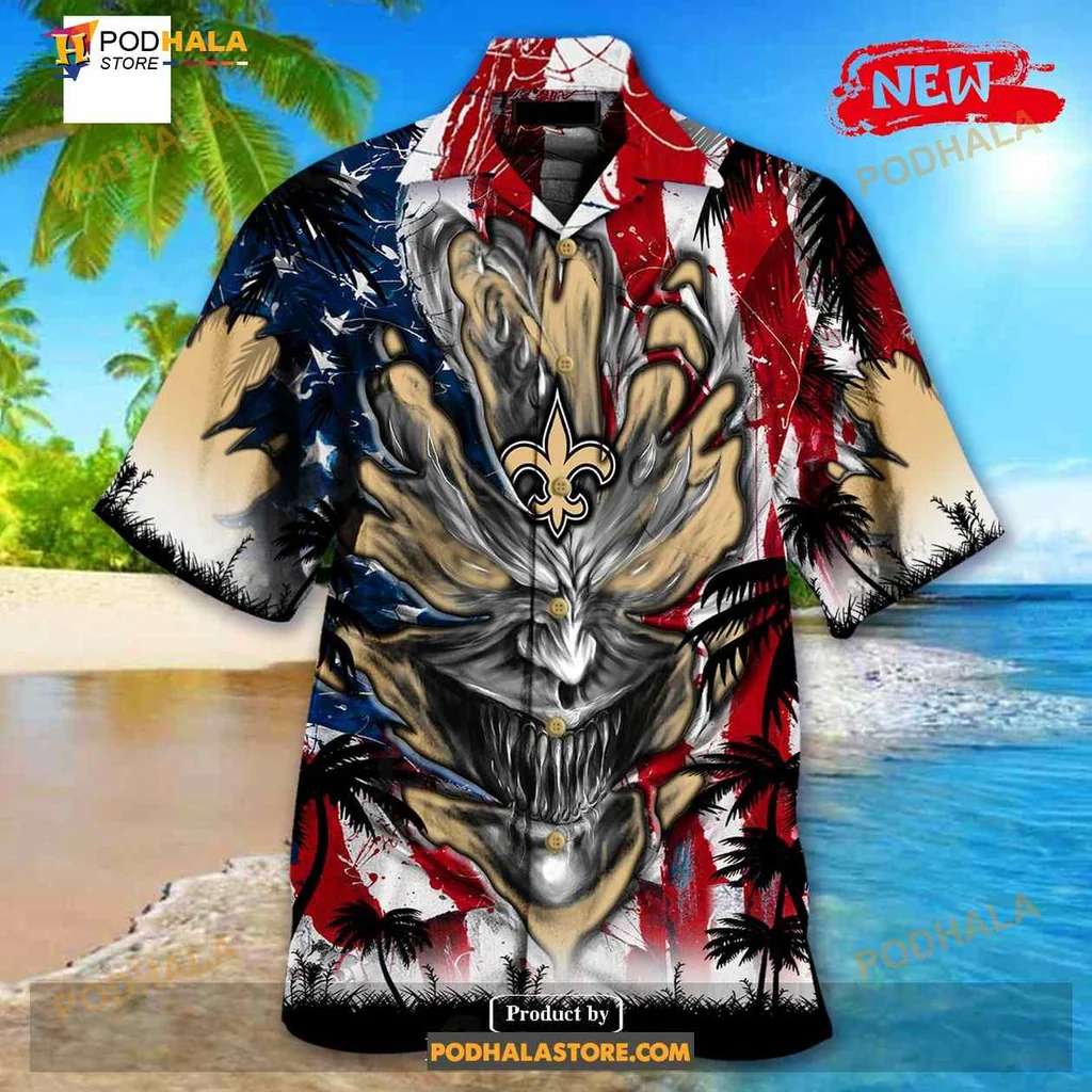 New Orleans Saints Demon Face Hawaiian Shirt With Us Flag Design