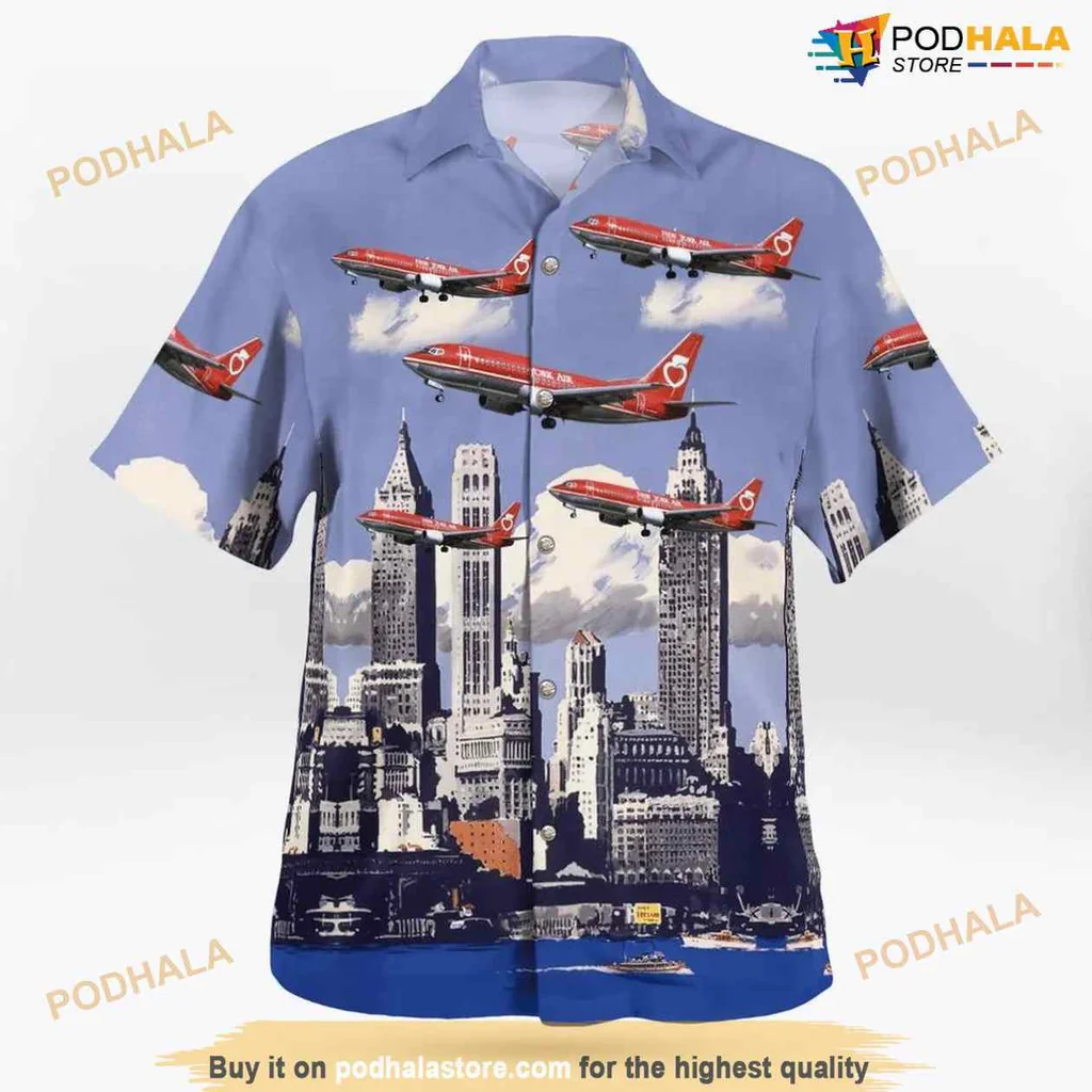 New York City Aviation Hawaiian Shirt Featuring Boeing 737 300 Design