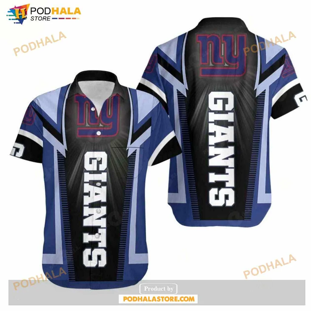 New York Giants Aloha Shirt Featuring Bold Team Logo And Geometric Pattern