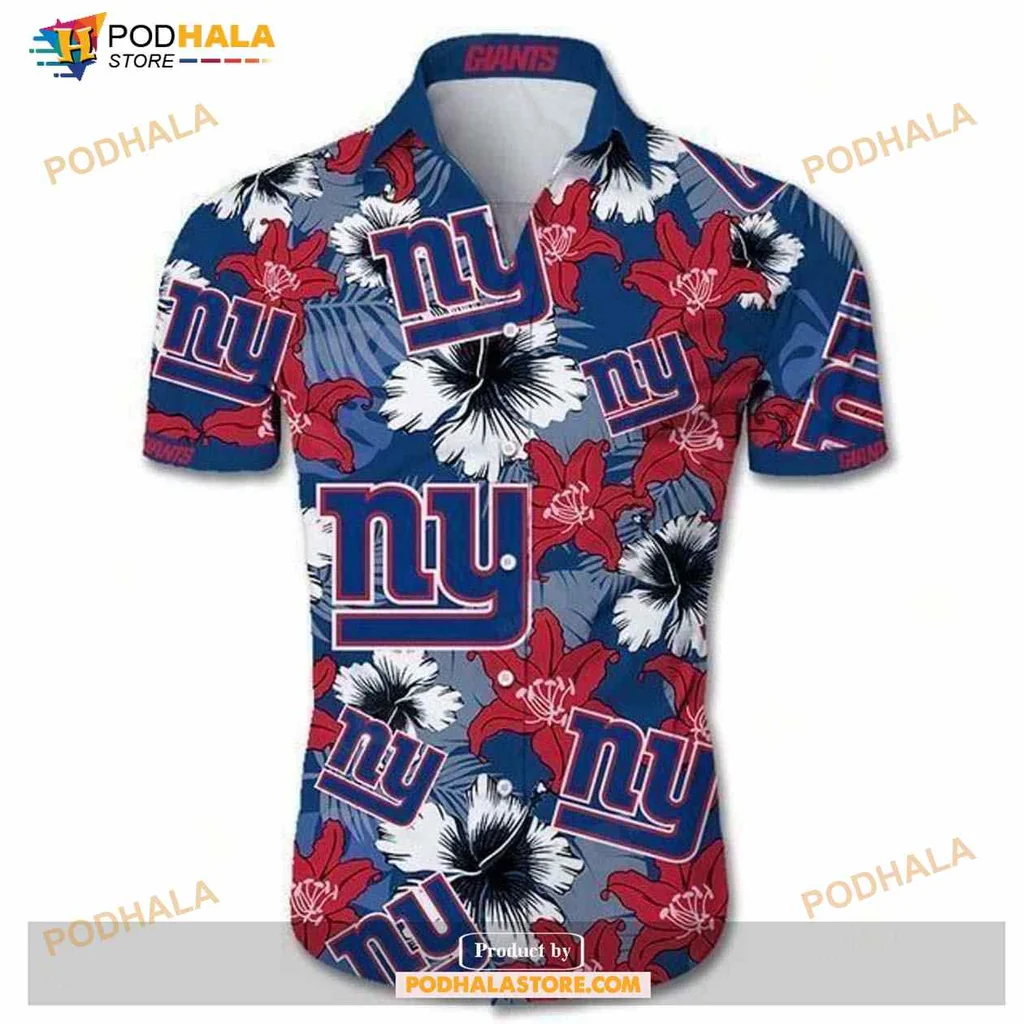 New York Giants Aloha Shirt Featuring Hibiscus Flowers And Bold Ny Design