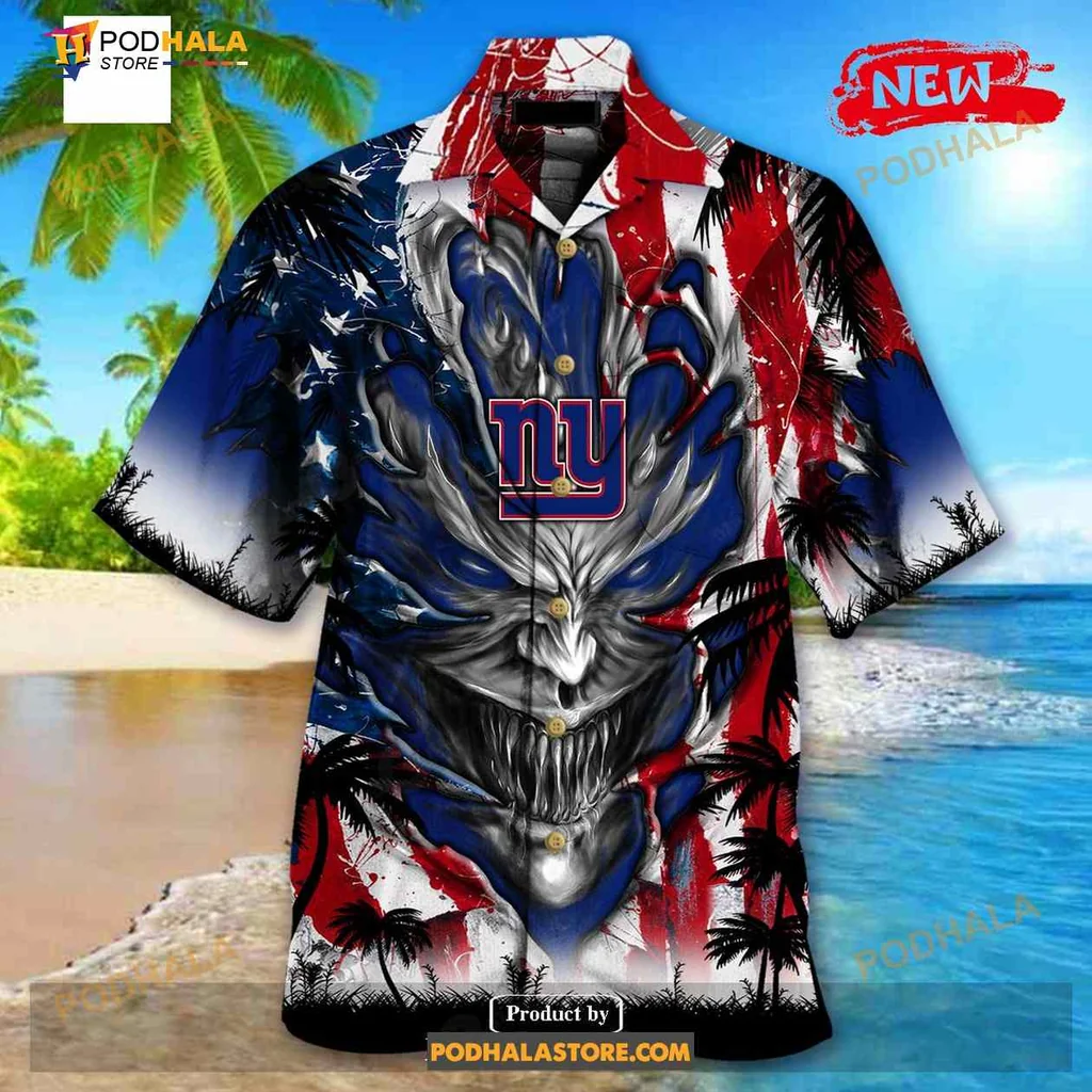 New York Giants Demon Face Hawaiian Shirt With Us Flag Design