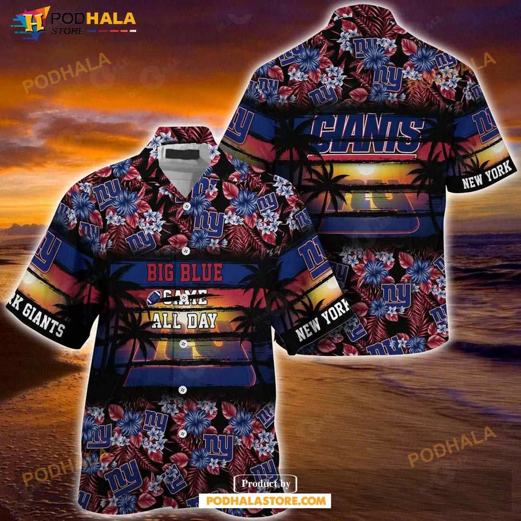 New York Giants Floral Hawaiian Shirt With Big Blue All Day Design