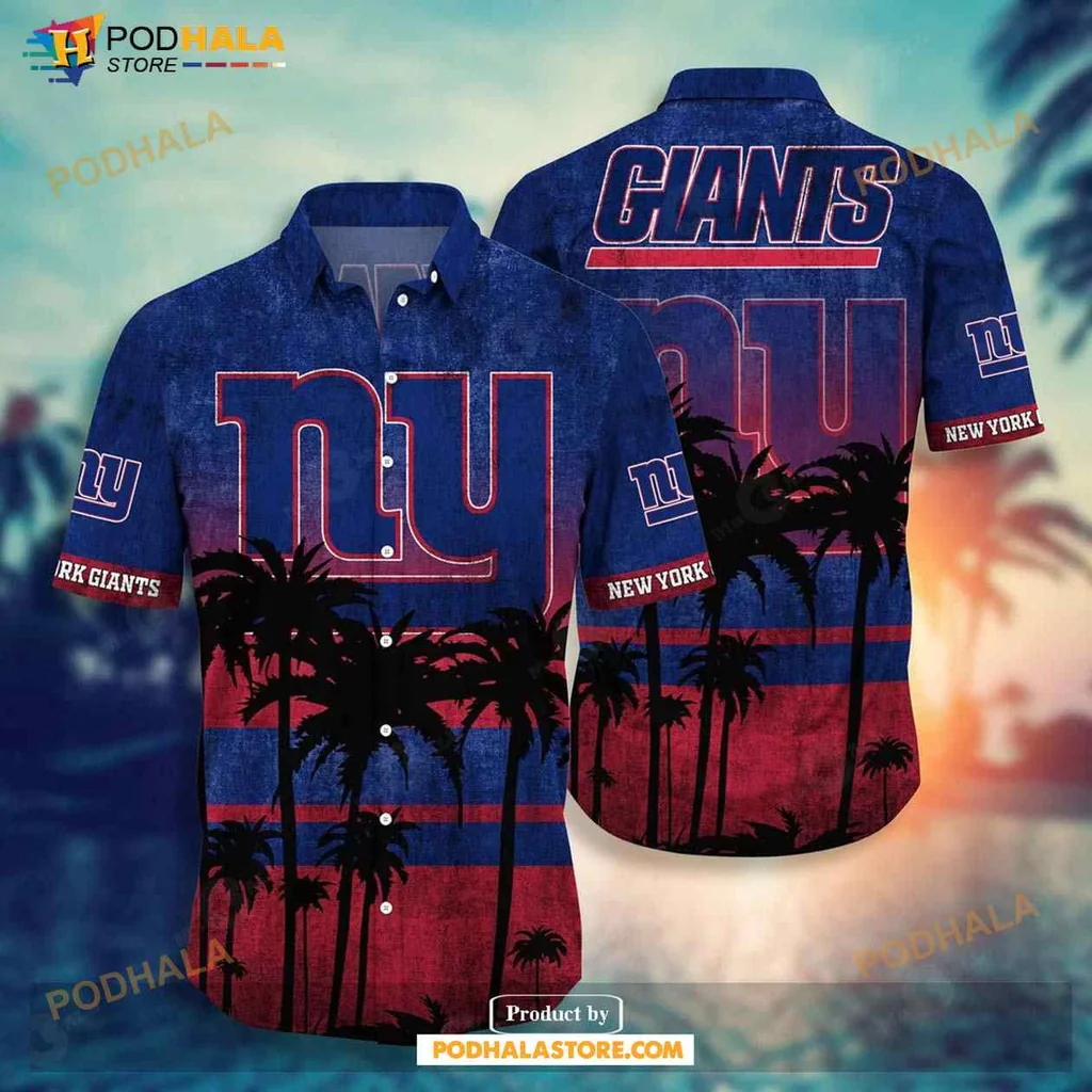 New York Giants Hawaiian Shirt With Bold Ny Logo And Tropical Design
