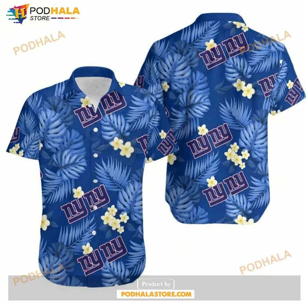 New York Giants Hawaiian Shirt With Tropical Hibiscus And Leaf Design
