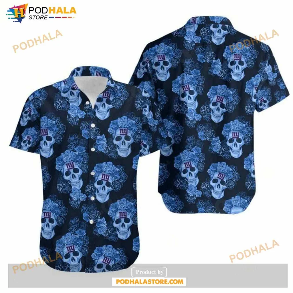 New York Giants Skull Hawaiian Shirt With Blue Roses For Fans