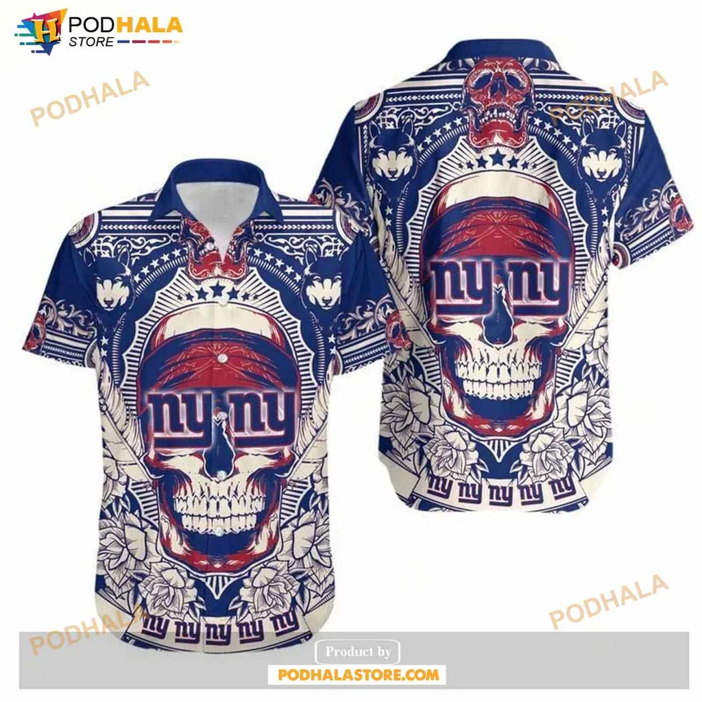 New York Giants Skull Hawaiian Shirt With Floral Design